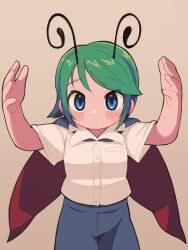 Rule 34 | 1girl, :/, androgynous, black cape, blue eyes, blue shorts, blush, brown background, buttons, cape, closed mouth, collared shirt, commentary request, cowboy shot, expressionless, green hair, hands up, highres, looking at viewer, medium bangs, red cape, shirt, short hair, short sleeves, shorts, simple background, solo, swept bangs, touhou, two-sided cape, two-sided fabric, ugif, white shirt, wriggle nightbug
