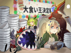 2girls, ahoge, banner, blonde hair, blurry, blurry background, bowl, bowl stack, cloak, commentary, dogmatika ecclesia the virtuous, dragon, dragon girl, dragon horns, dragonmaid parla, duel monster, eater of millions, gloves, green cloak, green eyes, green hair, grey eyes, hair ornament, highres, holding, holding bowl, horns, hungry burger, long hair, maid, maid headdress, multiple girls, odd-eyes pendulum dragon, official alternate costume, open mouth, ponytail, shaded face, sharp teeth, slit pupils, spiral eyes, tearing up, teeth, translated, yasososu, yellow eyes, yu-gi-oh!, yu-gi-oh! arc-v