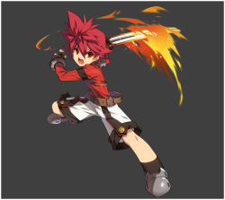 Rule 34 | 1boy, angry, armor, belt, elsword, elsword (character), fingerless gloves, gloves, grey background, knight (elsword), non-web source, official art, open mouth, pauldrons, red eyes, red hair, ress, shorts, shoulder armor, spiked hair, sword, turtleneck, weapon