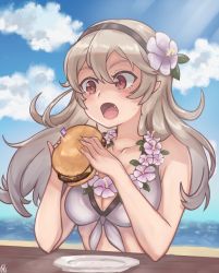 Rule 34 | 1girl, bikini, bikini top only, blue sky, breasts, burger, cleavage, cloud, corrin (female) (fire emblem), corrin (female) (summer) (fire emblem), corrin (fire emblem), day, eating, fang, fire emblem, fire emblem fates, fire emblem heroes, flower, food, hair flower, hair ornament, hairband, long hair, medium breasts, nintendo, official alternate costume, open mouth, pinepizza, plate, pointy ears, red eyes, sky, solo, swimsuit, water, white hair, wreath