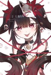 Rule 34 | 1girl, :p, ameyama aya, bare shoulders, bell, black choker, black gloves, bow, brown hair, choker, closed mouth, collarbone, dress, floating hair, fox mask, gloves, hair bow, hand up, head tilt, highres, honkai: star rail, honkai (series), index finger raised, long hair, looking at viewer, mask, mask on head, neck bell, pink eyes, portrait, red bow, red dress, signature, simple background, sleeveless, sleeveless dress, smile, solo, sparkle (honkai: star rail), tongue, tongue out, twintails, twitter username, water drop, white background