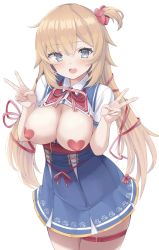 Rule 34 | 1girl, akai haato, akai haato (1st costume), blonde hair, blue eyes, blue skirt, blush, breasts, breasts out, commentary request, cowboy shot, double v, hair ornament, hair ribbon, hands up, heart, heart hair ornament, heart pasties, high-waist skirt, highres, hololive, large breasts, long hair, looking at viewer, nekohuman221 (tsun221), one side up, open clothes, open mouth, open shirt, pasties, red ribbon, ribbon, shirt, short sleeves, skirt, solo, twintails, v, very long hair, virtual youtuber, white background, white shirt