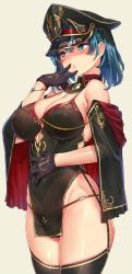 Rule 34 | 1girl, akasaai, anchor symbol, aqua eyes, bare shoulders, black dress, black gloves, black panties, black thighhighs, blue gemstone, blue hair, blush, bracelet, breasts, china dress, chinese clothes, cleavage, cloak, cowboy shot, detached collar, dress, finger to mouth, garter straps, gem, gloves, groin, hair between eyes, hand on own stomach, hat, highres, jewelry, large breasts, military hat, off shoulder, original, panties, peaked cap, pelvic curtain, shiny skin, short hair, sidelocks, simple background, skindentation, solo, thighhighs, underwear