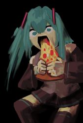 Rule 34 | 1girl, alurisnow, bare shoulders, black background, black skirt, black thighhighs, blue eyes, blue hair, constricted pupils, detached sleeves, eating, female focus, fine art parody, food, grey shirt, hair ornament, hands up, hatsune miku, highres, holding, holding food, long hair, looking at viewer, matching hair/eyes, miniskirt, open mouth, own hands together, parody, pizza, pleated skirt, saturn devouring his son, shirt, sidelocks, simple background, sketch, skirt, sleeveless, sleeveless shirt, solo, standing, thighhighs, twintails, vocaloid, wide-eyed, zettai ryouiki