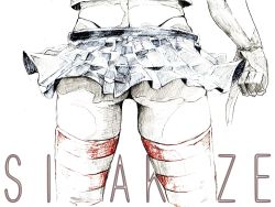 Rule 34 | 10s, 1girl, ass, black panties, character name, close-up, crop top, from behind, highleg, highleg panties, kantai collection, kunreishiki, microskirt, panties, pointing, pointing down, romaji text, san tsu-bi, shimakaze (kancolle), simple background, sketch, skirt, solo, striped clothes, striped thighhighs, thighhighs, thong, underwear, white background