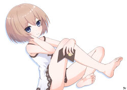 Rule 34 | 1girl, bare legs, barefoot, blanc (neptunia), blue eyes, blush, book, brown hair, c:, closed mouth, commentary, dress, feet, full body, hair between eyes, hand on own cheek, hand on own face, highres, holding, holding book, legs, looking at viewer, neptune (series), no headwear, open book, short hair, signature, simple background, smile, soles, solo, spaghetti strap, toenails, toes, white background, white dress, yashi (hayashiki0404)