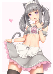 Rule 34 | 1girl, animal ear fluff, animal ears, apron, bare shoulders, black thighhighs, blush, bow, breasts, cat ears, cat tail, choker, clothes lift, collarbone, cowboy shot, crop top, detached sleeves, grey hair, hair between eyes, hair ribbon, heart, holding, long hair, looking at viewer, maid, maid apron, maid headdress, midriff, navel, original, parted lips, puffy short sleeves, puffy sleeves, purple eyes, ribbon, sasaame, short sleeves, sidelocks, simple background, skirt, skirt lift, small breasts, smile, solo, tail, thighhighs, twintails, white background, wrist cuffs, zettai ryouiki