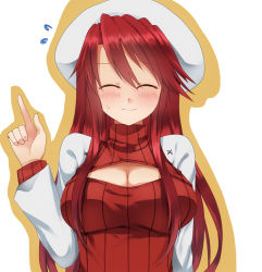Rule 34 | 1girl, ^ ^, aki (aki sh9), aty (summon night), blush, breasts, cleavage, cleavage cutout, closed eyes, clothing cutout, closed eyes, hat, large breasts, long hair, meme attire, open-chest sweater, red hair, ribbed sweater, smile, solo, summon night, summon night 3, sweater, turtleneck, upper body