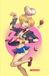 Rule 34 | 1girl, black jacket, blazer, blonde hair, blue skirt, bow, bowtie, breasts, brown footwear, cafe no zombi-ko, cafe no zombi-ko (1st costume), chef hat, chicken leg, collared shirt, commentary request, food, foot out of frame, frying pan, green eyes, hat, holding, holding frying pan, indie virtual youtuber, jacket, large breasts, loafers, looking at viewer, midriff, miniskirt, one eye closed, open clothes, open jacket, open mouth, red bow, red bowtie, sausage, shirt, shoes, short hair, skirt, smile, solo, steak, supersatanson, tomato, torn clothes, torn jacket, torn shirt, torn skirt, underboob, virtual youtuber, white shirt, zombie