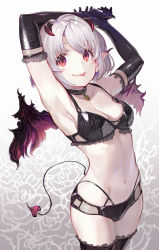 Rule 34 | 1girl, :p, armpits, arms up, black bra, black gloves, black panties, black thighhighs, bra, breasts, cleavage, closed mouth, collar, collarbone, cowboy shot, demon girl, demon horns, demon tail, demon wings, elbow gloves, fang, fang out, floral background, floral print, frilled bra, frilled gloves, frilled thighhighs, frills, gloves, gradient background, grey background, highres, horns, looking at viewer, medium breasts, navel, original, own hands together, panties, pointy ears, print bra, purple wings, red eyes, shirabi, short hair, silver hair, smile, solo, stomach, tail, thighhighs, tongue, tongue out, underwear, underwear only, wings