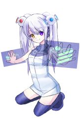 Rule 34 | 1girl, android, dress, female focus, floating screen, full body, glados, glados-tan, hair ornament, heterochromia, highres, long hair, personification, portal (series), portal 1, purple eyes, sitting, solo, thighhighs, transparent background, twintails, valve, white hair, yellow eyes, yunare