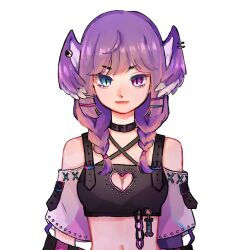 Rule 34 | 127, 1girl, black collar, braid, breasts, chain, collar, commentary, criss-cross halter, crop top, detached sleeves, hair ornament, hairclip, halterneck, head wings, heterochromia, highres, light smile, looking at viewer, medium breasts, midriff, navel, nijisanji, nijisanji en, selen tatsuki, simple background, solo, straight-on, symbol-only commentary, twin braids, upper body, v-shaped eyebrows, virtual youtuber, white background, wings