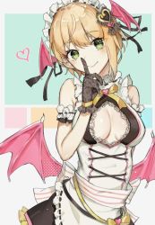 Rule 34 | 10s, 1girl, ahoge, akiua, apron, arm behind back, arm garter, bare shoulders, black gloves, black ribbon, blonde hair, blush, bow, breasts, cleavage, cleavage cutout, closed mouth, clothing cutout, demon wings, dress, finger to mouth, frills, gloves, green eyes, hair ornament, hair ribbon, head wings, heart, heart hair ornament, highres, idolmaster, idolmaster cinderella girls, index finger raised, lace, lace-trimmed dress, lace trim, looking at viewer, low wings, maid headdress, medium breasts, miyamoto frederica, multicolored background, pink wings, ribbon, ribbon-trimmed dress, sash, shiny skin, short hair, shushing, sleeveless, sleeveless dress, smile, solo, spikes, striped, striped bow, upper body, waist apron, white apron, white dress, wings