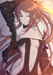 Rule 34 | 1girl, black choker, black dress, black jacket, breasts, brown hair, center opening, choker, collarbone, dress, ear piercing, earrings, fate/grand order, fate (series), fur-trimmed jacket, fur trim, highres, jacket, jewelry, long hair, long sleeves, looking to the side, medium breasts, multiple earrings, navel, nigane, open clothes, open jacket, open mouth, parted lips, piercing, red eyes, revealing clothes, ribbon-trimmed dress, solo, strapless, strapless dress, sword, very long hair, weapon, yu mei-ren (fate)