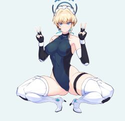 Rule 34 | 1girl, bare shoulders, black gloves, blonde hair, blue archive, blue eyes, blue leotard, boots, breasts, covered navel, depo (typebaby505), double v, elbow gloves, fingerless gloves, full body, gloves, halo, hands up, high heels, highleg, highleg leotard, highres, large breasts, leotard, maid headdress, medium hair, solo, squatting, thigh boots, thigh strap, thighs, toki (blue archive), v, white footwear, white headwear