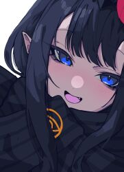 Rule 34 | 1girl, absurdres, black hair, black scarf, blue eyes, blush, enpera, fang, flower, hair flower, hair ornament, highres, hololive, hololive english, long hair, looking at viewer, mentally deficient, ninomae ina&#039;nis, ninomae ina&#039;nis (new year), open mouth, pointy ears, portrait, red flower, scarf, sidelocks, simple background, smile, solo, striped clothes, striped scarf, virtual youtuber, white background