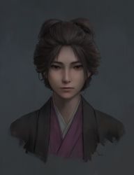 Rule 34 | 1girl, brown eyes, cropped torso, emma the gentle blade, frown, grey background, hair bun, highres, japanese clothes, miura-n315, portrait, realistic, sekiro: shadows die twice, solo