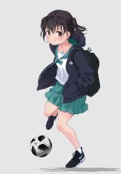 Rule 34 | 1girl, absurdres, ankle socks, backpack, bag, ball, black footwear, black jacket, blush, brown eyes, brown hair, closed mouth, full body, green sailor collar, green skirt, grey background, hands in pockets, hasisisissy, highres, hood, hood down, hooded jacket, jacket, kuraue hinata, open clothes, open jacket, pleated skirt, sailor collar, school uniform, serafuku, shadow, shirt, shoes, short twintails, skirt, smile, soccer ball, socks, solo, standing, standing on one leg, telstar 18, twintails, white shirt, white socks, yama no susume