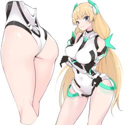 Rule 34 | 1girl, angela balzac, ass, bare shoulders, black gloves, blonde hair, blue eyes, blush, breasts, closed mouth, covered navel, cowboy shot, cropped legs, elbow gloves, gensou pump, gloves, headgear, large breasts, leotard, long hair, looking at viewer, low twintails, multiple views, rakuen tsuihou, simple background, smile, solo, thighs, twintails, very long hair, white background, white leotard