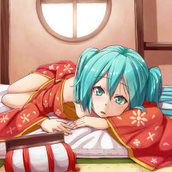 Rule 34 | 1girl, aqua eyes, aqua hair, breasts, cleavage, downblouse, dress, floral print, futon, hatsune miku, japanese clothes, kimono, looking at viewer, lying, miu (angelo whitechoc), no bra, off shoulder, on stomach, open mouth, red dress, round window, solo, tatami, twintails, vocaloid, window