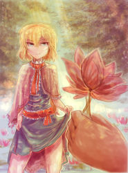Rule 34 | 1girl, absurdres, alice margatroid, artist name, blonde hair, blue dress, blue eyes, blurry, bow, buttons, cape, capelet, close-up, clothes lift, dress, dress lift, faux traditional media, flower, fly-gray, hair between eyes, hairband, highres, holding, holding flower, light rays, lily pad, looking at viewer, lotus, necktie, pov, pov hands, red bow, red necktie, short hair, smile, smirk, solo focus, standing, standing on liquid, sunbeam, sunlight, touhou, tree, water