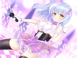 Rule 34 | 1girl, :o, bare shoulders, black thighhighs, blue hair, blurry, blurry background, blush, bow, breasts, brown eyes, center frills, commentary request, commission, depth of field, frilled shirt, frilled skirt, frills, gloves, glowstick, hair between eyes, hair bow, hand up, highres, holding, holding microphone, looking at viewer, medium breasts, microphone, one side up, original, parted lips, pink bow, purple skirt, shikito (yawa0w0), shirt, skeb commission, skirt, sleeveless, sleeveless shirt, solo, thighhighs, white gloves, white shirt