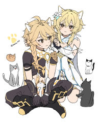 Rule 34 | 1boy, 1girl, aether (genshin impact), ahoge, animal ears, bare shoulders, black footwear, black gloves, black pants, boots, bow, bowtie, braid, braided ponytail, breasts, brother and sister, cat, cat day, cat ears, cleavage, closed mouth, commentary, crop top, detached sleeves, dress, flower, genshin impact, gloves, hair between eyes, hair flower, hair ornament, hands up, imoko (imo ss), indian style, knee boots, kneeling, long hair, lumine (genshin impact), pants, paw print, paw print background, short sleeves, siblings, sitting, sleeveless, sleeveless dress, symbol-only commentary, twitter username, v arms, white background, white dress