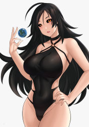 Rule 34 | 1girl, ahoge, aori sora, bare shoulders, black hair, black one-piece swimsuit, black sclera, blush, breasts, colored sclera, covered navel, cowboy shot, curvy, dark-skinned female, dark skin, earth (planet), hair between eyes, hand on own hip, highres, large breasts, long hair, looking at viewer, m87 black hole, mole, mole under mouth, o-ring, o-ring swimsuit, one-piece swimsuit, open mouth, orange eyes, original, personification, planet, solo, swimsuit, very long hair, white background
