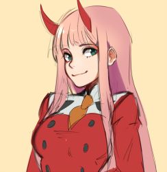 Rule 34 | 10s, 1girl, azuumori, blush, breasts, closed mouth, darling in the franxx, green eyes, highres, horns, large breasts, looking at viewer, pink hair, simple background, sketch, smile, solo, upper body, yellow background, zero two (darling in the franxx)
