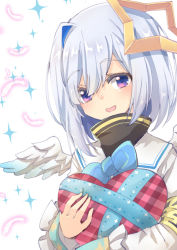 Rule 34 | amane kanata, amane kanata (1st costume), angel wings, blue ribbon, box, colored inner hair, commentary request, feathers, gift, hair between eyes, hair ornament, heart-shaped box, hizuki reiya, hololive, multicolored hair, open mouth, purple eyes, ribbon, school uniform, short hair, silver hair, solo, valentine, virtual youtuber, wings