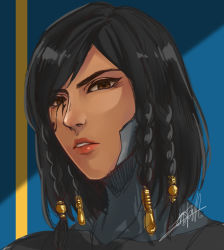 Rule 34 | 1girl, artist name, bad id, bad pixiv id, black hair, blue background, brown eyes, dark-skinned female, dark skin, eye of horus, facial mark, facial tattoo, highres, install (all install), lips, long hair, looking at viewer, nose, overwatch, overwatch 1, pharah (overwatch), portrait, signature, sketch, solo, tattoo
