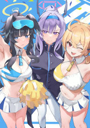 Rule 34 | 3girls, ;d, absurdres, ahoge, animal ears, arm up, armpits, bare shoulders, black hair, black jacket, blonde hair, blue archive, blue background, blue eyes, blue hairband, breasts, cheerleader, cleavage, commentary, crop top, facial mark, goggles, goggles on head, hairband, halterneck, hibiki (blue archive), hibiki (cheer squad) (blue archive), highres, jacket, kotori (blue archive), kotori (cheer squad) (blue archive), large breasts, long hair, looking at viewer, midriff, millennium cheerleader outfit (blue archive), miniskirt, multiple girls, navel, one eye closed, open mouth, pants, parted lips, pleated skirt, pom pom (clothes), purple eyes, purple hair, qianshui baodan, red eyes, skirt, smile, star (symbol), stomach, thighs, utaha (blue archive), utaha (cheer squad) (blue archive), white pants, white skirt