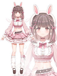 Rule 34 | 1girl, :3, absurdres, animal ears, belt, black choker, black footwear, bow, bowtie, braid, breasts, brown hair, choker, closed mouth, collared shirt, crop top, earrings, extra ears, frilled shirt, frilled skirt, frills, full body, hair bow, hair ornament, hairclip, highres, hoshimiya choco, indie virtual youtuber, jewelry, kneehighs, layered skirt, long sleeves, looking at viewer, medium breasts, medium hair, midriff, miniskirt, multicolored hair, navel, official art, pink shirt, pink skirt, rabbit ears, red eyes, satoupote, shirt, shoes, simple background, skirt, smile, socks, solo, standing, stomach, streaked hair, thighs, virtual youtuber, white background, zoom layer