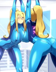Rule 34 | 1girl, ass, blonde hair, blue eyes, bodysuit, breasts, butt crack, cameltoe, cammy stretch (meme), cleft of venus, covered erect nipples, curvy, female focus, hand above head, highres, huge breasts, large breasts, leaning forward, lindaroze, long hair, metroid, mirror, mirror image, nintendo, one eye closed, ponytail, pussy, pussy peek, samus aran, shiny clothes, skin tight, standing, stretching, tight clothes
