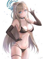 Rule 34 | 1girl, absurdres, arm up, asuna (blue archive), bare shoulders, bikini, black bikini, black gloves, blue archive, blue eyes, breasts, brown hair, cameltoe, choker, cleavage, cleft of venus, closed mouth, collarbone, elbow gloves, gloves, hair between eyes, halo, hamong0, highres, looking at viewer, maid headdress, medium breasts, mole, mole on breast, navel, sideboob, simple background, solo, standing, swimsuit, thighs, underboob, water drop, white background