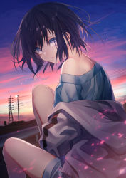 Rule 34 | 1girl, bare shoulders, black hair, blue shirt, blue shorts, blurry, cloud, commentary request, depth of field, dusk, dutch angle, floating hair, from behind, grey jacket, guard rail, hair between eyes, haizome senri, highres, jacket, knees up, lamppost, light particles, long sleeves, looking at viewer, looking to the side, off shoulder, original, outdoors, parted lips, power lines, purple eyes, shirt, short hair, shorts, signature, sitting, sky, solo, star (sky), starry sky, track jacket, transmission tower