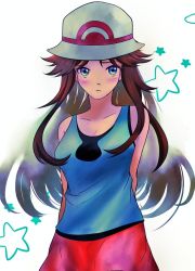 Rule 34 | 1girl, alternate costume, aqua shirt, armpits, arms behind back, artist request, bare shoulders, blue eyes, blush, breasts, brown hair, cleavage, collarbone, creatures (company), eyelashes, facing viewer, female focus, game freak, green (pokemon), hat, long hair, looking at viewer, medium breasts, miniskirt, neck, nintendo, official alternate costume, pokemon, pokemon adventures, porkpie hat, print shirt, red skirt, shiny clothes, shirt, shy, sidelocks, skirt, sleeveless, sleeveless shirt, standing, star (symbol), white background, white headwear