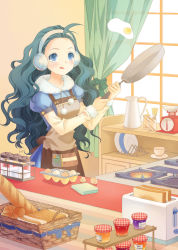 Rule 34 | 1girl, :q, apron, bad id, bad pixiv id, basket, blue eyes, boya, bread, bread slice, cooking, cup, curtains, earmuffs, egg, food, frying pan, igloo, kitchen, long hair, original, plate, snow shelter, solo, teacup, toast, toaster, tongue, tongue out, weighing scale, window