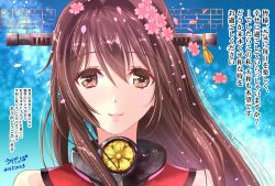 Rule 34 | 10s, 1girl, brown eyes, brown hair, cherry blossoms, dated, flower, hair flower, hair ornament, headgear, highres, kantai collection, long hair, looking at viewer, one-hour drawing challenge, ponytail, smile, solo, translation request, twitter username, ugeppa, very long hair, yamato (kancolle)