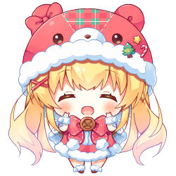 Rule 34 | 1girl, ^ ^, animal ears, bear ears, blonde hair, blush, bow, buttons, chibi, closed eyes, commentary request, double v, facing viewer, hair between eyes, hair ornament, hands up, haruchimo, hat ornament, highres, hood, hood up, long hair, open mouth, pom pom (clothes), red bow, santa costume, sidelocks, simple background, smile, solo, star (symbol), star hat ornament, summer pockets, tsumugi wenders, twintails, v, white background, white wrist cuffs, wrist cuffs, x hair ornament