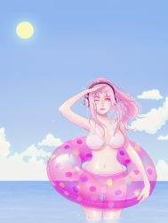 Rule 34 | 1girl, arm at side, arm up, bikini, blue sky, blush, breasts, cloud, cloudy sky, commentary, cowboy shot, day, headphones, holding, holding swim ring, horizon, innertube, large breasts, lips, long hair, looking at viewer, macaron print, navel, nitroplus, ocean, one eye closed, outdoors, partially submerged, pink eyes, pink hair, pink innertube, salute, shari cote, sky, solo, standing, stomach, sun, sunlight, super sonico, swim ring, swimsuit, thighs, underboob, wading, water, wet, white bikini