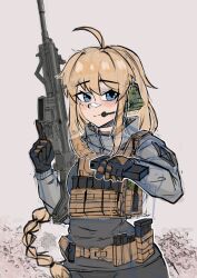 Rule 34 | 1girl, absurdres, ahoge, blue eyes, blush, closed mouth, combat shirt, cowboy shot, cz 805 bren, ear protection, gloves, headset, highres, holding, holding magazine, indie virtual youtuber, load bearing vest, long hair, looking at viewer, magazine (object), bulletproof vest, sketch, smile, solo, tascalate, virtual youtuber, whiskey project
