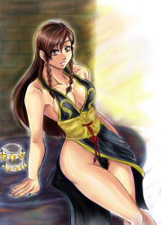 Rule 34 | 1girl, alternate costume, back alley, blush, bracelet, breasts, brown eyes, brown hair, capcom, china dress, chinese clothes, chun-li, dress, jewelry, large breasts, lips, lipstick, long hair, long sleeves, looking at viewer, makeup, outline, panties, penzoom, ponytail, road, sexually suggestive, sitting, sitting on object, smile, solo, spiked bracelet, spikes, street, street fighter, street fighter v, sunlight, underwear