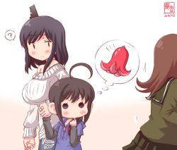Rule 34 | 10s, 2016, 3girls, ?, aged down, ahoge, bare shoulders, black hair, braid, breasts, brown hair, casual, commentary request, dated, food, food art, from behind, hair ornament, hair over shoulder, highres, holding hands, hood, hooded jacket, imagining, jacket, kanon (kurogane knights), kantai collection, large breasts, long hair, long sleeves, multiple girls, off-shoulder, off-shoulder sweater, off shoulder, ooi (kancolle), ribbed sweater, school uniform, serafuku, shigure (kancolle), short hair, signature, single braid, solid circle eyes, stomach growling, sweater, tako-san wiener, yamashiro (kancolle), | |
