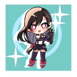Rule 34 | 1girl, bare shoulders, black hair, black skirt, black thighhighs, blush, boots, chibi, crop top, detached sleeves, earrings, final fantasy, final fantasy vii, final fantasy vii remake, fingerless gloves, full body, gloves, highres, jewelry, long hair, looking at viewer, low-tied long hair, midriff, navel, open mouth, red eyes, red footwear, seilidare, skirt, solo, sparkle background, suspender skirt, suspenders, tank top, thighhighs, tifa lockhart, white tank top, zettai ryouiki