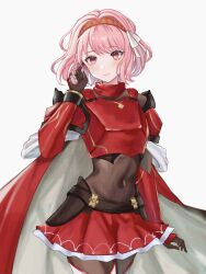 Rule 34 | 1girl, armor, breastplate, commentary, covered navel, cowboy shot, fire emblem, fire emblem engage, grey background, hair ribbon, hairband, highres, lapis (fire emblem), looking at viewer, miniskirt, nintendo, pink eyes, pink hair, red hairband, red skirt, ribbon, short hair, shoulder armor, simple background, skirt, solo, standing, white ribbon, zqzbq