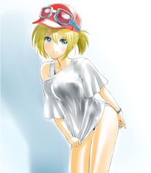 Rule 34 | 1girl, blonde hair, blue eyes, chaborin, collarbone, goggles, goggles on head, hat, one-piece swimsuit, original, ponytail, shiny skin, shirt, shirt tug, short hair, smile, solo, standing, swimsuit, swimsuit under clothes, t-shirt
