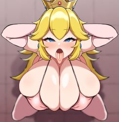 Rule 34 | 1girl, ahegao, arms behind head, bikini, blonde hair, blue eyes, blurry, blurry background, blush, breasts, crown, detritus, dot nose, earrings, elbow gloves, eyelashes, female focus, from above, full body, gloves, half-closed eyes, huge breasts, jewelry, long hair, looking at viewer, mario (series), micro bikini, nintendo, open mouth, pink bikini, princess peach, skindentation, solo, standing, super mario bros. 1, swimsuit, tongue, tongue out