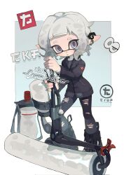 Rule 34 | 1girl, :o, backpack, bag, black footwear, black jacket, black pantyhose, black shirt, blue background, blunt bangs, blush, boots, commentary request, commission, earrings, gradient hair, grey eyes, grey hair, highres, holding, ink tank (splatoon), inkling, inkling girl, inkling player character, jacket, jewelry, long sleeves, looking at viewer, multicolored hair, nintendo, open mouth, p-pepper, paint roller, pantyhose, pointy ears, shirt, short eyebrows, short hair, sidelocks, simple background, single earring, solo, splat roller (splatoon), splatoon (series), standing, tentacle hair, torn clothes, torn pantyhose, two-tone background, white background, white hair, zipper