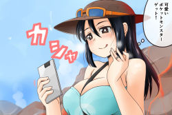 Rule 34 | 1girl, between breasts, black hair, breasts, brown eyes, cellphone, commentary request, creatures (company), eyebrows, game freak, hair between eyes, hat, jewelry, large breasts, long hair, mature female, nintendo, nishi koutarou, npc trainer, phone, pokemon, pokemon sm, ring, sightseer (pokemon), smartphone, solo, thought bubble, upper body, wedding band